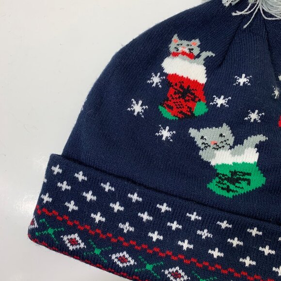 Dec 25th Knit Cuffed Pom Christmas Cats in Stockings Beanie Hat - Picture 2 of 6